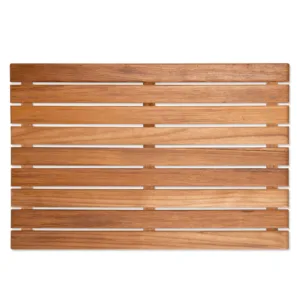 Kaydırmaz Ahşap Banyo Paspası | Doğal Teak Ahşap Duş Izgarası 6 38x60 cm ölçülerindeki teak ahşap banyo paspası, kaydırmaz duş ızgarasının üstten görünümü