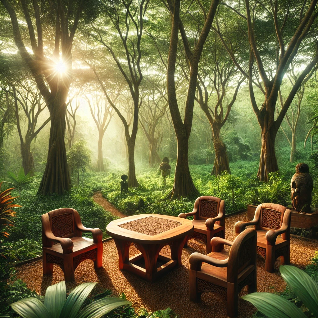 Afro Garden | Afrika'da 15 Yıllık Güçlü Deneyim 1 Tanzanya’daki bir teak ormanını ve Afro Garden’ın teak ağacından üretilen mobilyalarını sanatsal bir şekilde tasvir eden illüstrasyon.
